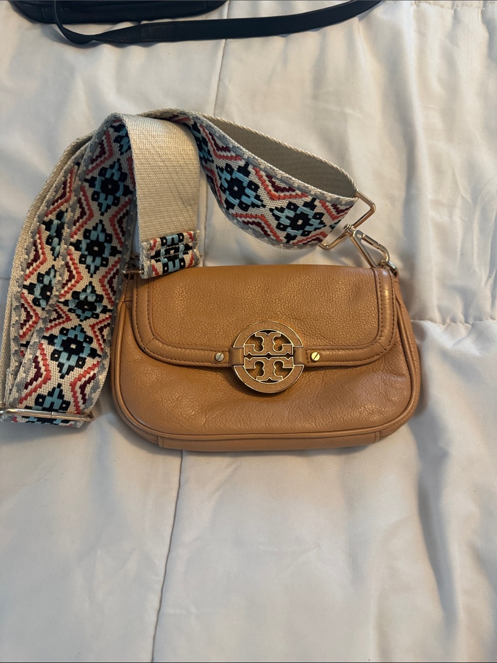 Tory Burch Camel Leather Crossbody with Patterned Embroidered Strap